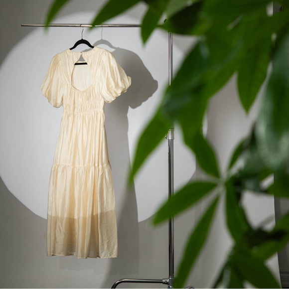 (SOLD) - MOON RIVER Women's Shirred Puff Sleeve Back Cut-Out Midi Dress - Size S - Picture 7 of 13